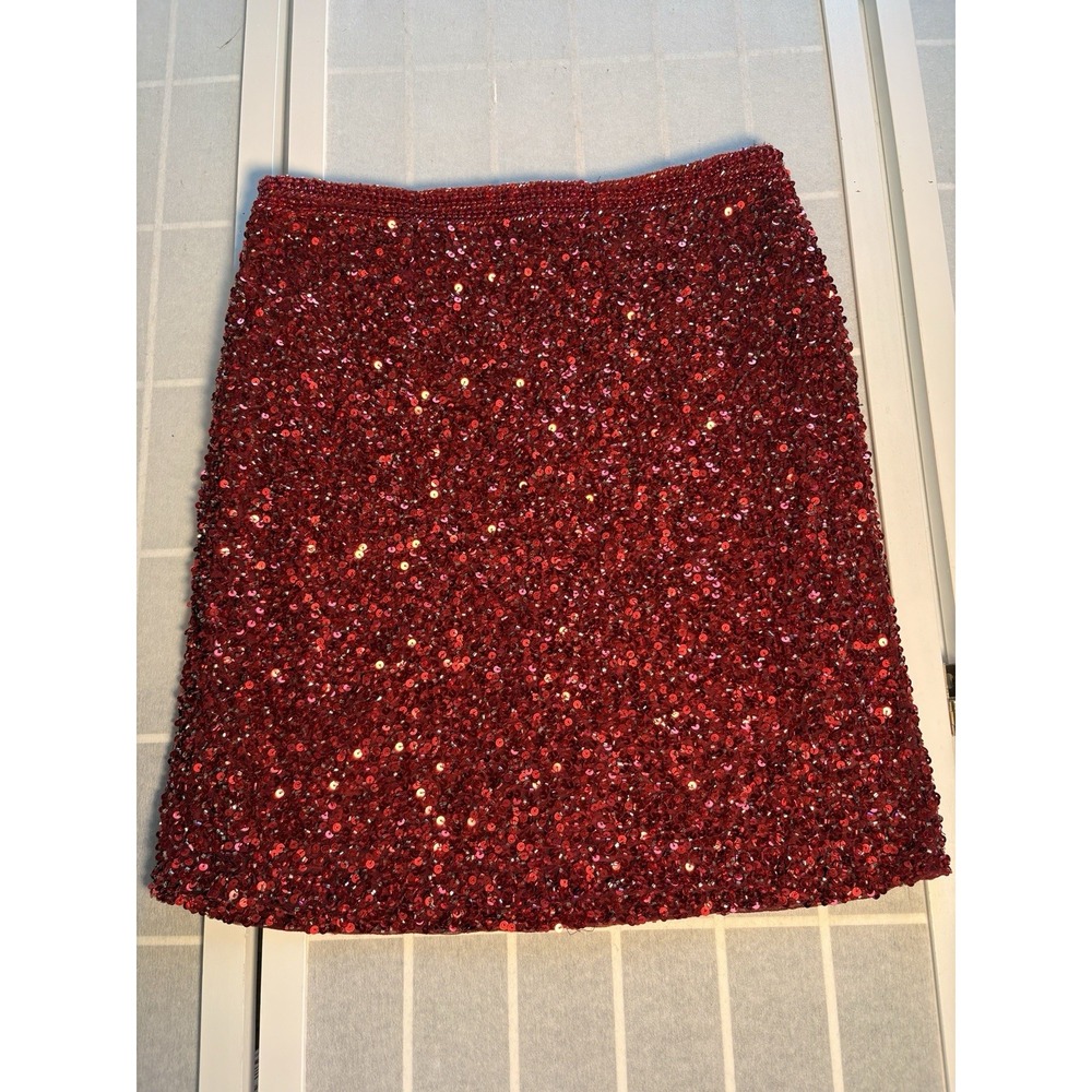 Primavera Womens Red Sequin Beaded Mini Skirt High Waist Size 16 Holiday Party
